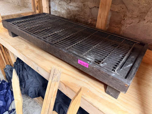 48" WALNUT BBQ DISPLAY TRAY WITH WIRE RACK INSERT.