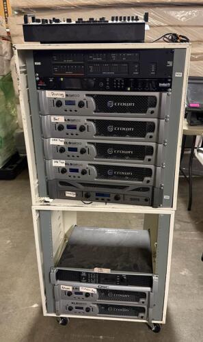 (1) PROFESSIONAL AUDIO EQUIPMENT RACK WITH AMPLIFIERS AND MIXER