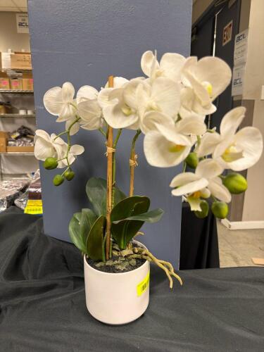 (1) ARTIFICIAL WHITE ORCHID PLANT IN DECORATIVE POT