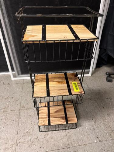 (1) 4-TIER BLACK METAL WIRE STORAGE BASKET RACK WITH WOOD TOPS