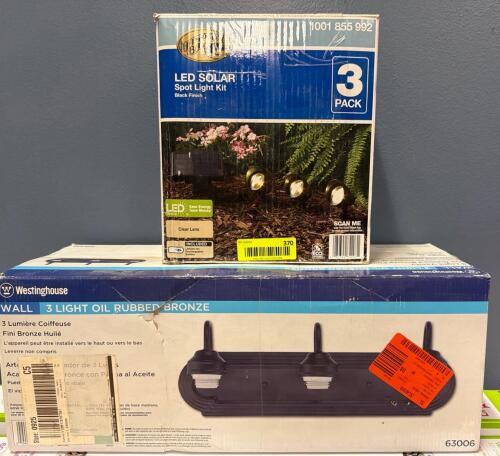 (1) ASSORTED LOT OF LIGHTING FIXTURES &ndash; 3-LIGHT WALL FIXTURE & LED SOLAR SPOT LIGHT KIT