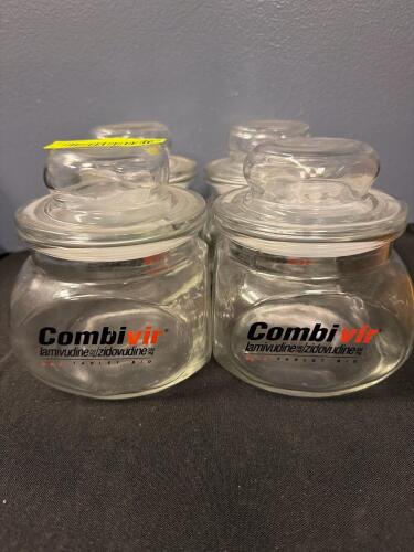(4) COMBIVIR BRANDED GLASS APOTHECARY STORAGE JARS WITH LIDS