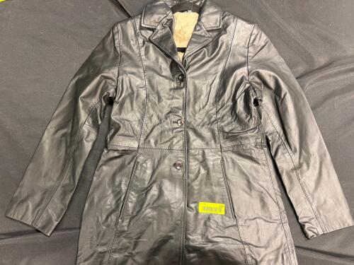(1) BLACK LEATHER BUTTON-FRONT COAT