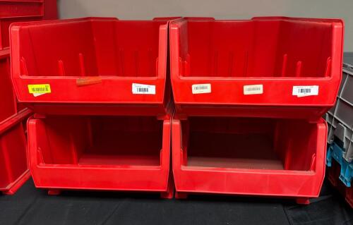 (4) RED PLASTIC STACKABLE STORAGE BINS