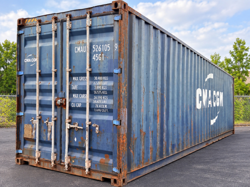 40' HIGH-CUBE STEEL SHIPPING CONTAINER WITH DOUBLE CARGO DOORS, FOUR LOCKING BARS, CORRUGATED STEEL SIDEWALLS, FORKLIFT/CRANE CORNER CASTINGS