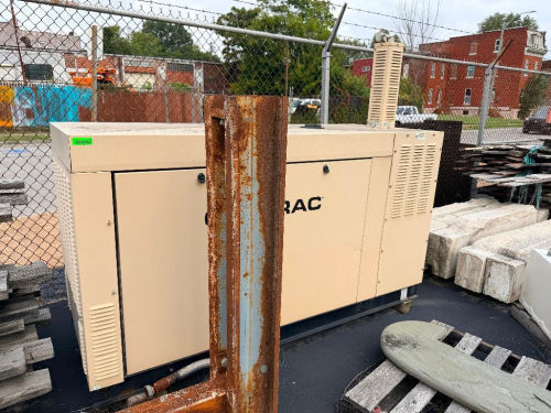 GENERAC 60 KW STATIONARY NATURAL GAS GENERATOR SET WITH WEATHER-RESISTANT ENCLOSURE, AUTOMATIC CONTROLS, ENGINE, ALTERNATOR, COOLING SYSTEM, AND INTEGRATED GENERATOR CIRCUIT BREAKER.