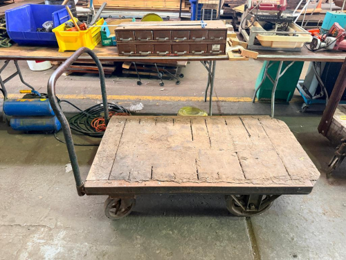 36" HEAVY DUTY VINTAGE WAREHOUSE CART W/ WOODEN PLATFORM TOP.