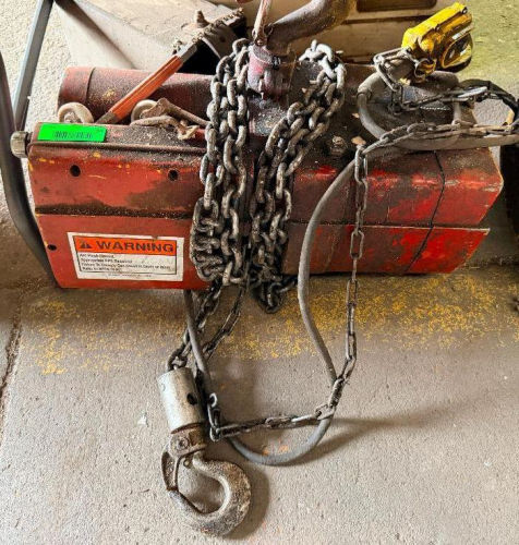 CHAIN HOIST WITH HEAVY-DUTY STEEL HOUSING, LOAD CHAIN, LOWER LOAD HOOK, PENDANT CONTROL, AIR HOSE, AND SUSPENSION HOOK ASSEMBLY.