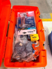 ORANGE PLASTIC TOOL BOX W/ CONTENTS - ASSORTED PLUMBING SUPPLIES.