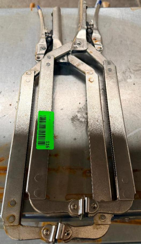 (2) LONG-REACH LOCKING CLAMPS WITH METAL FRAMES, ADJUSTABLE SPINDLES, SWIVEL PADS, AND TOGGLE-STYLE LOCKING HANDLES.