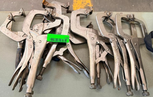 (8) C-STYLE LOCKING PLIERS / WELDING CLAMPS WITH ADJUSTABLE SCREW MECHANISMS, LOCKING HANDLES, AND SWIVEL CLAMPING PADS.