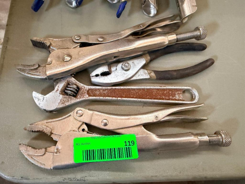 (4) ASSORTED VICE GRIPS AND WRENCHES.