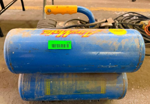 PORTABLE TWIN-TANK ELECTRIC AIR COMPRESSOR WITH DIRECT-DRIVE COMPRESSOR PUMP, ELECTRIC MOTOR, CARRY HANDLE, PRESSURE CONTROLS, AND STACKED HORIZONTAL AIR TANKS.