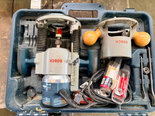 BOSCH PLUNGE ROUTER KIT WITH ROUTER MOTOR, PLUNGE BASE, FIXED BASE, ADJUSTMENT HARDWARE, ACCESSORIES, AND MOLDED CARRYING CASE.