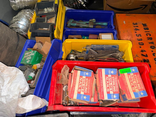 PALLET OF ASSORTED HARDWARE AND FASTENERS W/ PLASTIC ORGANIZER BINS.