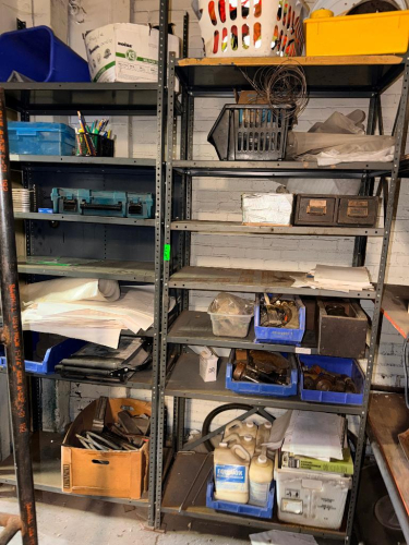 CONTENTS OF (2) METAL PARTS SHELVES - ASSORTED TOOLING AND HARDWARE.