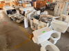 (1) LARGE LOT OF ASSORTED BATHROOM FIXTURES, SINKS, AND PEDESTALS.
