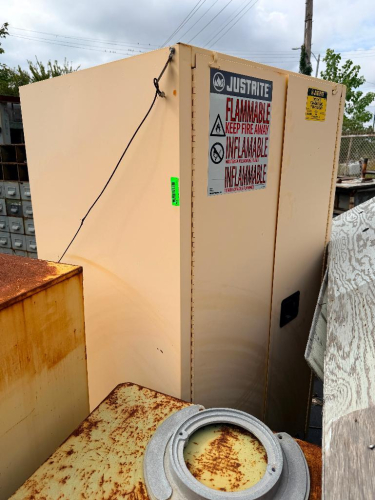 JUSTRITE 60 GALLON TWO DOOR FLAMMABLE STORAGE CABINET.