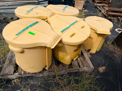 (6) 5 GALLON YELLOW PLASTIC RAG CANS.