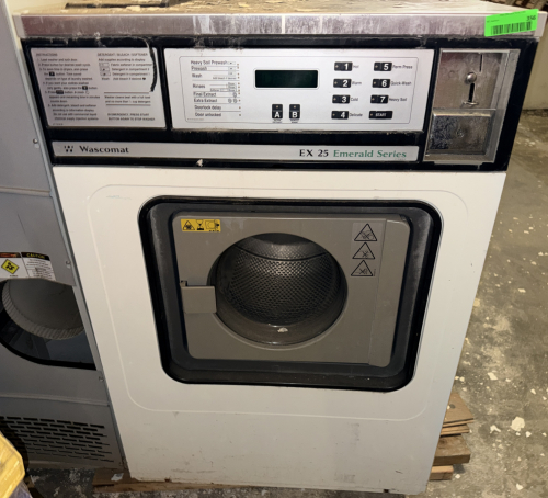 WASCOMAT EX 25 EMERALD SERIES COMMERCIAL FRONT-LOAD COIN-OPERATED WASHING MACHINE WITH STAINLESS STEEL WASH DRUM, PROGRAMMABLE WASH CYCLES, DIGITAL DISPLAY, DETERGENT/SOFTENER DISPENSING SYSTEM, AND COIN ACCEPTOR.