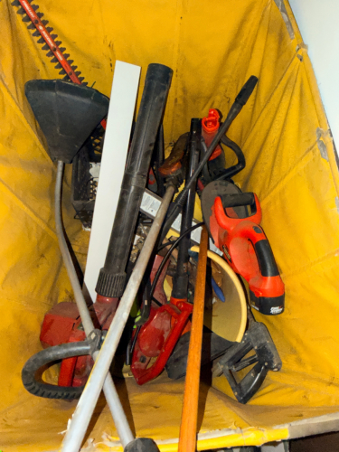 YELLOW VINYL HOPPER AND CONTENTS - ASSORTED LANDSCAPING TOOLS.