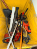 YELLOW VINYL HOPPER AND CONTENTS - ASSORTED LANDSCAPING TOOLS.
