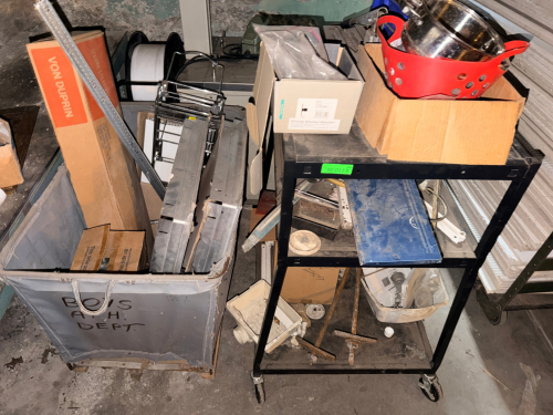 THREE TIER BLACK METAL AV CART W/ CONTENTS.
