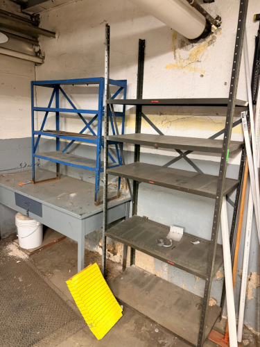 (2) ASSORTED METAL SHELVES AND (1) WORK STATION.