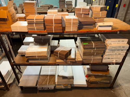 CONTENTS OF RACK - ASSORTED TILE. ASSORTED SIZE, COLOR, TYPE.