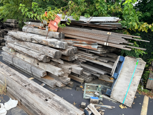 (3) STACKS / BUNDLES OF RECLAIMED LUMBER AND LARGE BEAMS.
