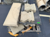 LOT OF ORNAMENTAL CAST STONE ARCHITECTURAL COMPONENTS INCLUDING DECORATIVE SCROLL BRACKETS/CORBELS, MOLDED TRIM, CAPS, AND ASSORTED STONE SECTIONS.