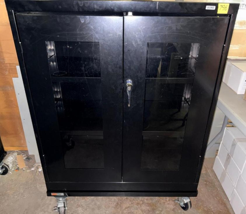 ULINE HALF SIZE MOBILE INDUSTRIAL STORAGE CABINET WITH BLACK STEEL CONSTRUCTION, DOUBLE LOCKING GLASS-PANEL DOORS, ADJUSTABLE INTERIOR STEEL SHELVES AND HEAVY-DUTY SWIVEL CASTERS.