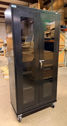 ULINE MOBILE INDUSTRIAL STORAGE CABINET WITH BLACK STEEL CONSTRUCTION, DOUBLE LOCKING GLASS-PANEL DOORS, ADJUSTABLE INTERIOR STEEL SHELVES AND HEAVY-DUTY SWIVEL CASTERS.