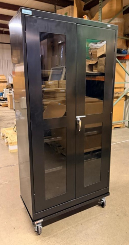 ULINE MOBILE INDUSTRIAL STORAGE CABINET WITH BLACK STEEL CONSTRUCTION, DOUBLE LOCKING GLASS-PANEL DOORS, ADJUSTABLE INTERIOR STEEL SHELVES AND HEAVY-DUTY SWIVEL CASTERS.