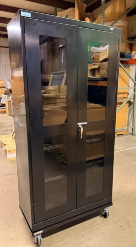 ULINE MOBILE INDUSTRIAL STORAGE CABINET WITH BLACK STEEL CONSTRUCTION, DOUBLE LOCKING GLASS-PANEL DOORS, ADJUSTABLE INTERIOR STEEL SHELVES AND HEAVY-DUTY SWIVEL CASTERS.