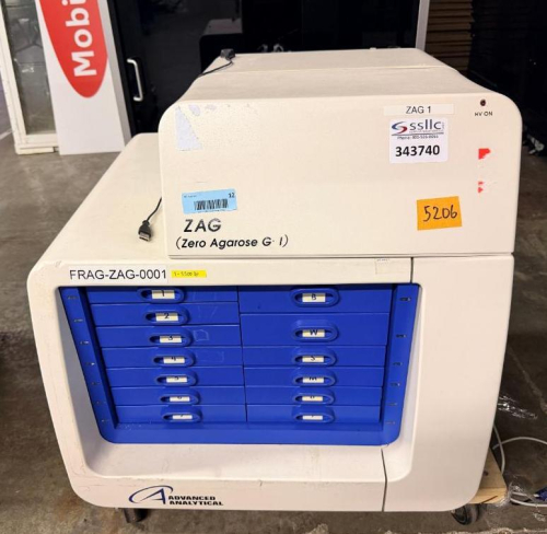 ADVANCED ANALYTICAL ZAG ZERO AGAROSE GEL DNA ANALYZER / AUTOMATED CAPILLARY ELECTROPHORESIS SYSTEM WITH INTEGRATED SAMPLE DRAWER ARRAY AND HIGH-VOLTAGE ELECTROPHORESIS COMPONENTS.