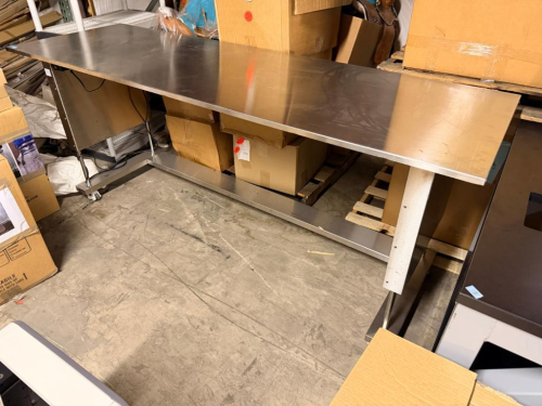 94" L X 30" STAINLESS STEEL HEAVY-DUTY WORK TABLE WITH FULL-LENGTH STAINLESS STEEL WORK SURFACE, OPEN BASE FRAME, LOWER CROSS SUPPORT AND ADJUSTABLE BULLET FEET.