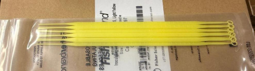(17) BOXES OF FISHERBRAND DISPOSABLE INOCULATING LOOPS AND NEEDLES, LIGHT YELLOW HIPS CONSTRUCTION, FLEXIBLE 10 &micro;L LOOP WITH NEEDLE END.