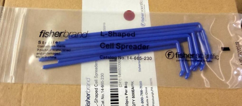 (9) BOXES OF FISHERBRAND STERILE L-SHAPED CELL SPREADERS, BLUE PLASTIC CONSTRUCTION, INDIVIDUALLY PACKAGED.