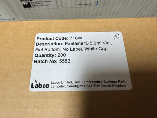 (6) BOXES OF LABCO EXETAINER 5.9 ML FLAT-BOTTOM LABORATORY VIALS WITH WHITE CAPS, PACKAGED 200 VIALS PER BOX.