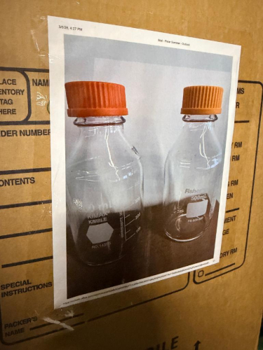(2) BOXES OF ASSORTED 250 ML KIMAX / KIMBLE AND PYREX LAB GLASS BOTTLES.