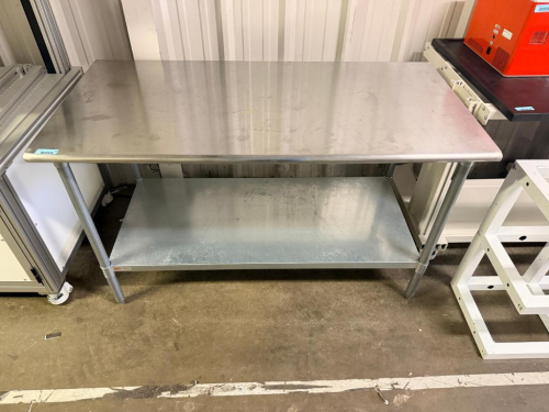 60" W X 30" STAINLESS STEEL WORK TABLE WITH HEAVY-GAUGE STAINLESS STEEL TOP, GALVANIZED UNDERSHELF AND FOUR TUBULAR LEGS WITH ADJUSTABLE UNDERSHELF COLLARS.