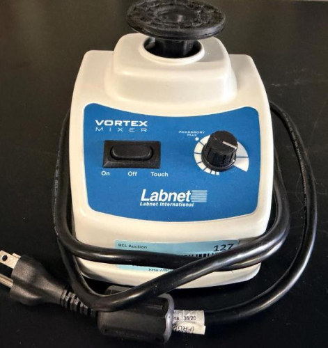 LABNET VORTEX MIXER WITH VARIABLE SPEED CONTROL, SINGLE-TUBE CUP HEAD, AND ON, OFF, AND TOUCH OPERATING MODES.
