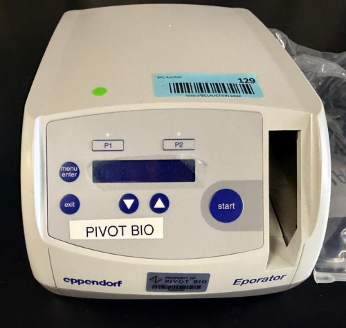 EPPENDORF EPORATOR ELECTROPORATION SYSTEM WITH DIGITAL DISPLAY, PROGRAMMABLE P1 AND P2 SETTINGS, MENU CONTROLS, AND START CONTROL.