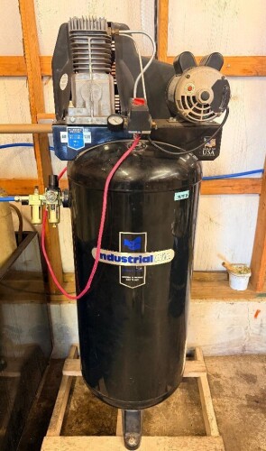 INDUSTRIAL AIR 60-GALLON VERTICAL AIR COMPRESSOR WITH 3.1 HP ELECTRIC MOTOR, OIL-LUBRICATED SINGLE-STAGE COMPRESSOR PUMP, BELT DRIVE, PRESSURE GAUGE, PRESSURE SWITCH, AND VERTICAL STEEL AIR RECEIVER TANK.