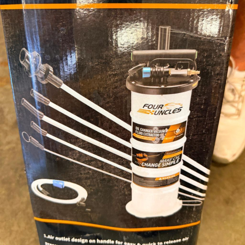FOUR UNCLES 6.5-LITER PNEUMATIC AND MANUAL FLUID EXTRACTOR PUMP WITH PORTABLE VACUUM RESERVOIR, HAND PUMP, COMPRESSED AIR CONNECTION, AND ASSORTED FLUID EXTRACTION TUBES AND ADAPTERS. INCLUDES ORIGINAL BOX.