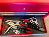 RED 5-DRAWER STEEL TOOL CHEST WITH HINGED LOCKING TOP COMPARTMENT, CHROME DRAWER HANDLES, AND ASSORTED HAND TOOLS INCLUDING COMBINATION WRENCHES, SCREWDRIVERS, PLIERS, WIRE STRIPPERS, LOCKING PLIERS, CLAMPS, AND ADDITIONAL MISCELLANEOUS TOOLS. SOLD WITH C - 4