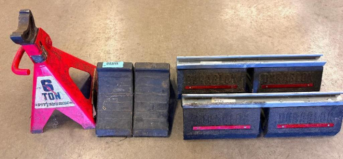 (1) PITTSBURGH 6-TON JACK STAND, (2) RUBBER WHEEL CHOCKS, AND (2) DURABLOCK RUBBER WHEEL STOPS