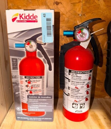 (2) KIDDE MULTIPURPOSE ABC DRY CHEMICAL FIRE EXTINGUISHER WITH PRESSURE GAUGE, SAFETY PIN, DISCHARGE NOZZLE, AND ORIGINAL PACKAGING.