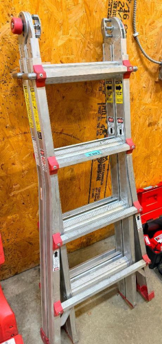 MULTI-POSITION ALUMINUM TELESCOPING LADDER WITH ADJUSTABLE HINGE LOCKING MECHANISMS, RIBBED NON-SLIP RUNGS, RED PLASTIC HINGE COMPONENTS AND RUBBER FOOT PADS.